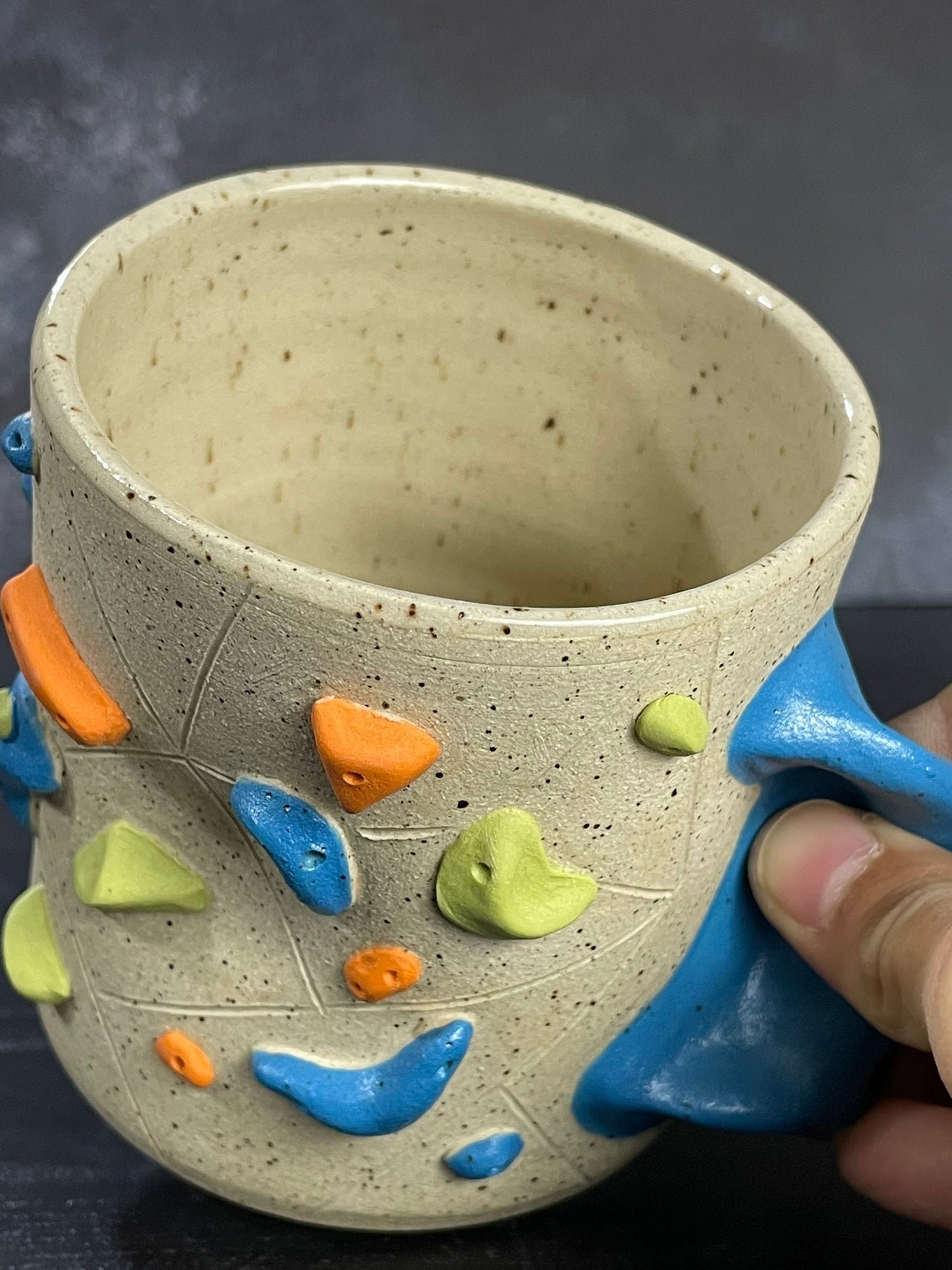 Buff Speckled Climbing Cup with Hold Handle - Handsculpted